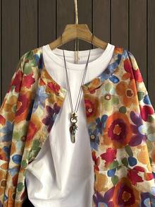 Rusticease Chaqueta casual de vacaciones con estampado floral para tallas grandes - Multicolor - Ver 4