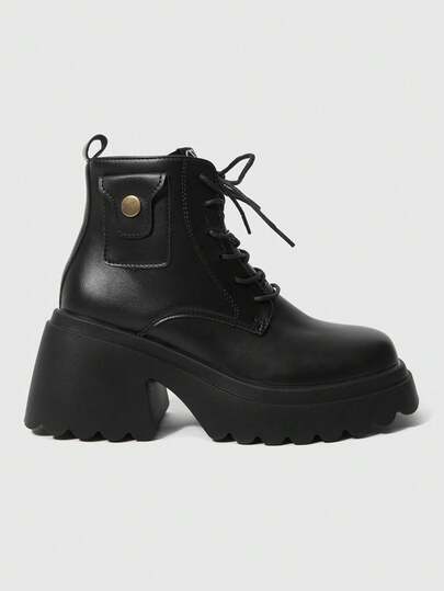 ROMWE Women's Vintage Black Lace-Up Boots, New Autumn Thick Sole Elevator Ankle Boots For Petite, Plus Size