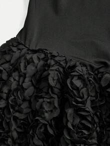 SHEIN Nova Glow 少女休闲纯色拼接露肩连衣裙 - 黑色 - 查看 3