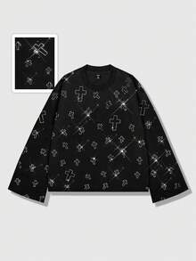ROMWE MEN Unisex Casual Fashionable Rhinestone Embellished Crew Neck Long Sleeve T-Shirt - Black - View 5