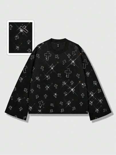Unisex Casual Fashionable Rhinestone Embellished Crew Neck Long Sleeve T-Shirt
