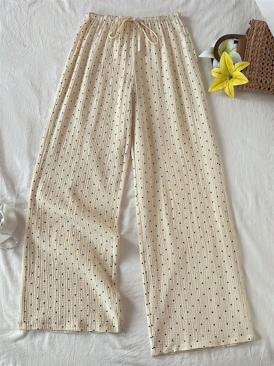 Elamini 女士休闲宽松黄色波点印花直筒裤，低腰，有机棉，夏季 - 杏色 - 查看 1