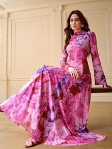 ZEYLAH Đầm dài tay dáng chữ A ôm sát người, in họa tiết hoa thanh lịch, thích hợp cho mùa xuân/hè. - Màu tím - Xem 6