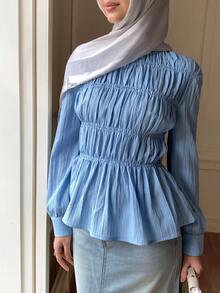 Solavon New Asymmetrical Hem A-Line Waist Flattering Crew Neck Long Sleeve Blouse, Versatile & Slimming - Baby Blue - View 1