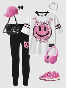 2 buc/set fete tinere casual elegant creativ personalizat proaspăt simplu drăguț desen animat cu dungi leopard inimă fluture model literă slogan imprimare tricou scurt de bază și colanți costum, purtare zilnică confortabilă, stiluri confortabile de vară și toamnă, potrivit pentru primăvară, vară, toamnă - Multicolor - Vizualizare 4