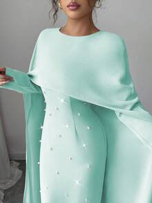 Elenzga Abito da donna lungo e aderente per feste, in maglia, con collo rotondo, maniche lunghe a palloncino, decorazione con perle in vita, elegante e versatile, adatto per l'autunno/inverno - Menta Verde - Visualizzare 7