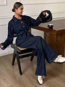 Dazy Tall Women Tall Size Lapel Cardigan With Belt Decor And Straight Leg Casual Denim Pants Set - Dark Wash - View 6