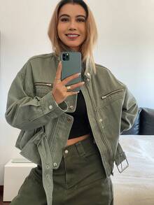 DAZY Women's Stand Collar Open Front Casual Zip-Up Denim Jacket With Multiple Pockets Y2k - Army Green - View 4