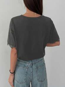 女士撞色蕾丝宽松短袖优雅T恤，商务休闲女装 - 灰色 - 查看 6