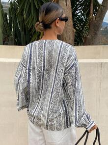 Livesso Áo sơ mi dài tay cổ chữ V kẻ sọc phối màu, họa tiết hình học phong cách Bohemian, dáng rộng, thoải mái, thích hợp cho kỳ nghỉ biển, mùa xuân/hè dành cho nữ. - Màu be - Xem 3