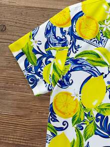 Manfinity Joysei 男士休闲度假柠檬水果印花衬衫，适合度假、外出、送朋友的礼物 - 黃色 - 查看 5