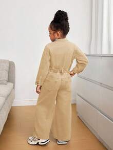 SHEIN 女童蓝色牛仔衬衫式宽松连体裤 - 卡其色 - 查看 3