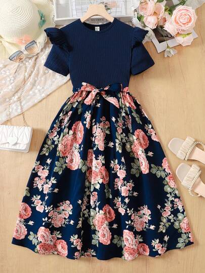 SHEIN Vestido midi de niña adolescente de color azul marino sólido con cuello redondo, manga corta, volantes, parches y estampado floral en el bajo, adecuado para primavera/verano, vestido de verano, vestido de niña