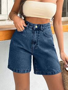 EURMUSE 100%Cotton Rigid Medium Wash Women Short - Medium Wash - View 7