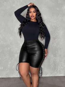 Slaydiva 大码女式镂空系带PU皮短裤，时尚百搭，适合约会、派对、日常穿着 - 黑色 - 查看 5