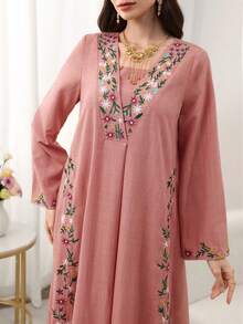 Al Najma Áo Abaya dài tay cổ chữ V, dáng xòe, thêu hoa, màu hồng. - Hồng - Xem 3