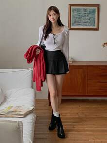 DAZY Women High Waist Pleated A-Line Skirt - Black - View 2