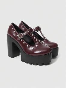 ROMWE 女士高跟鞋和单鞋 红色高跟鞋，暗黑摇滚朋克哥特鞋，铆钉T字形闭趾鞋，Y2K风格正装鞋，玛丽珍皮鞋，日本JK制服鞋 - 紅色鉚釘 - 查看 1