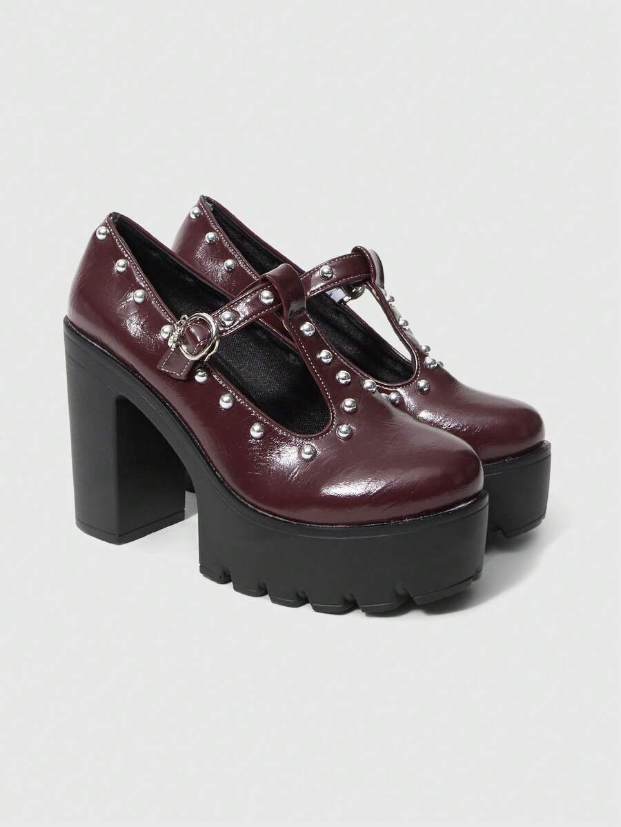 ROMWE 女士高跟鞋和单鞋 红色高跟鞋，暗黑摇滚朋克哥特鞋，铆钉T字形闭趾鞋，Y2K风格正装鞋，玛丽珍皮鞋，日本JK制服鞋 - 紅色鉚釘 - 查看 1