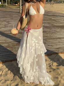 SHEIN SunnyBelle Women's White Embroidered Self-Tie Ruffle Hem Skirt, Romantic Elegant Beach Holiday Summer Skirt, Fashionable Irregular Hem Beach , Spring/Summer, White, Valentine's Day - White - View 4