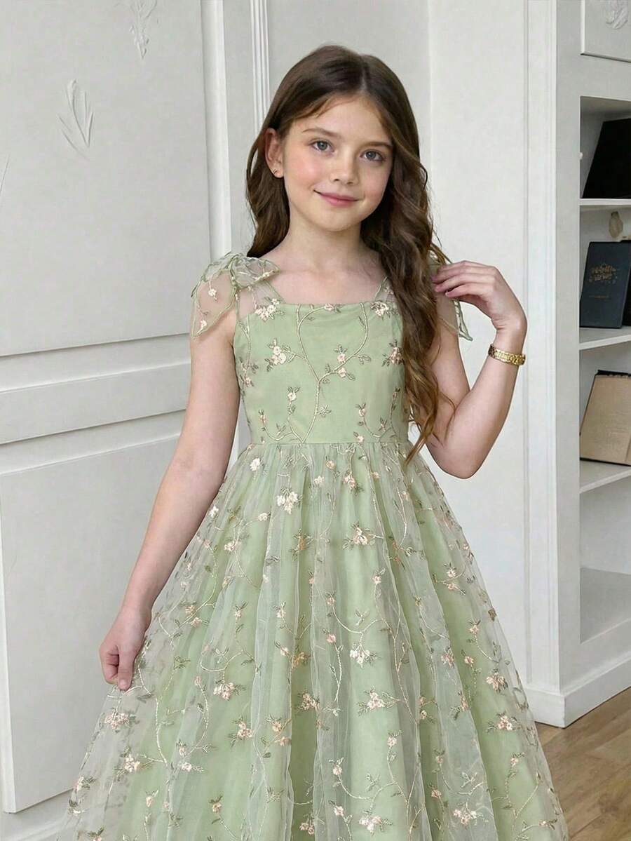 SHEIN Tween Girls' Elegant Floral Embroidered Mesh Camisole Dress, Summer - Green - View 1