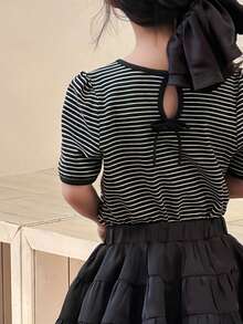 DAZY Young Girls Striped Round Neck Short Sleeve Knit T-Shirt, Fall Summer - Black and White - View 1