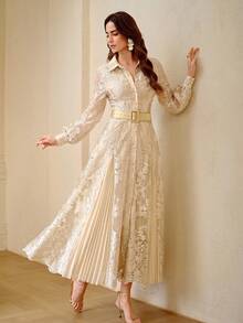 ZEYLAH Embroidered Elegant Romantic Extra Long A-Line Dress, Spring/Summer - Apricot - View 6
