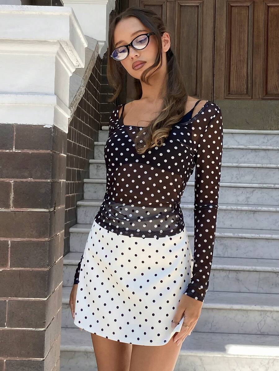 女士性感波点印花薄纱长袖修身衬衫，适合春、夏、秋季穿着 - 黑色 - 查看 1