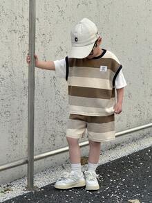SHEIN Little Byeori 2件套男童休闲学院风舒适时尚简约百搭夏季可爱二合一条纹圆领T恤和松紧腰短裤套装，适合日常穿着、上学、外出、运动、春夏穿着。 - 咖啡棕 - 查看 7