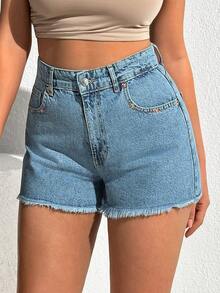EURMUSE Pantalones cortos vaqueros de tiro alto con dobladillo deshilachado, estilo minimalista para uso casual/diario y vacaciones, 100% algodón - Lavado ligero - Ver 6