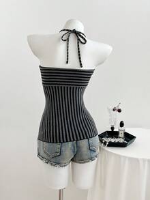 Elamini Women's Gray Striped Casual Sleeveless Halter Top, Versatile New Style, Spring/Autumn - Grey - View 2
