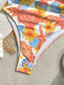 Soleia Women's Vacation Starfish Print Ruched Textured Halter One-Piece Swimsuit - Multicolor - View 6