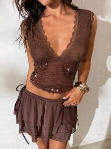 Aloruh Women's Brown Lace V-Neck Sleeveless Sequin Embroidered Tank Top - Brown - View 3
