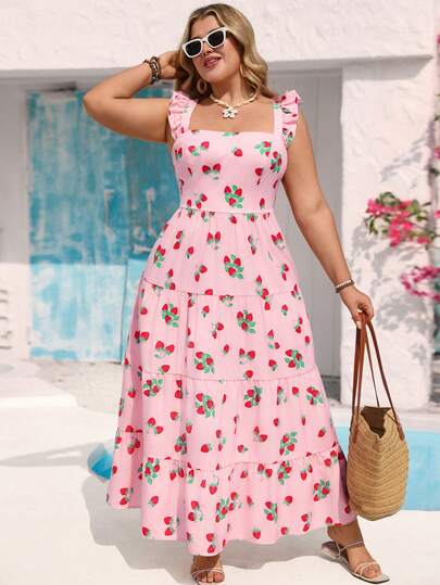 Vivid Eden Plus Size Women's Romantic Casual Vacation Beach Daily Wear Floral Print Dress, Suitable For Valentine's Day,Summer Dress,Summer Dresses For Women,Summer Outfits,Spring Outfit Women,Spring Break Outfits,Spring Dress Women,Valentine Outfits For Women,Carnival Women Look 2026,Beach Dress,Elegant Party Dresses For Women Picnic Dress For Woman Women Sundress Summer Women Vacation Dress Cherry Dress Women Strawberry Dress Women,Plain/Plaid/Striped/Casual