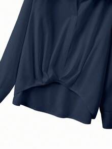 GlowEve CURVE Navy Blue Plus Size Casual Collared Shirt, Regular Long Sleeve Blouse With Asymmetrical Hem And Ruched Front Ruched Front Knot Detail And Ruched Hem - Navy Blue - View 5