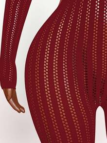 Mistrie Bộ jumpsuit dài tay cổ tròn khoét eo màu trơn gợi cảm dành cho nữ, thích hợp cho hẹn hò hoặc dự tiệc. - Màu Đỏ Sâu - Xem 4