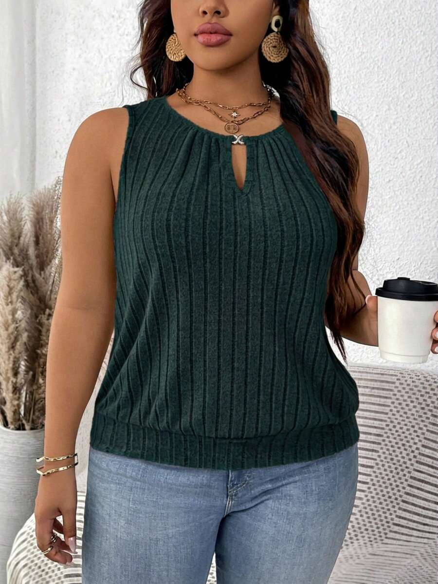 SHEIN LUNE Plus Size Women Ribbed Gold Buckle Teardrop Casual Tank Top - Dark Green - View 1