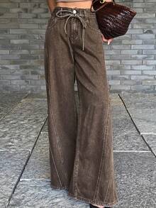 DAZY 做旧水洗腰带阔腿牛仔裤，休闲街头风牛仔女裤，春秋季 - 棕色 - 查看 3