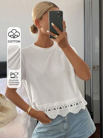 Livesso Camiseta de verano casual de mujer con cuello redondo, manga corta, ajustada, de un solo color con parches de encaje