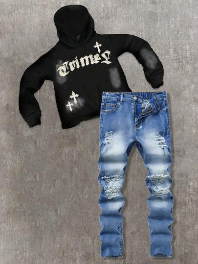 Tween And Teen Boys Fashion Casual Y2k Vintage Cool Street Returns To School College Simple Cut Out Ripped Frayed Basic Comfortable And Elastic Skinny Jeans For Kids Clothes Teen Boys Soft Dailywear And Kids Summer And Fall Rave Outfits Festival And Beach Outfits Streetwear School Clothes Winter