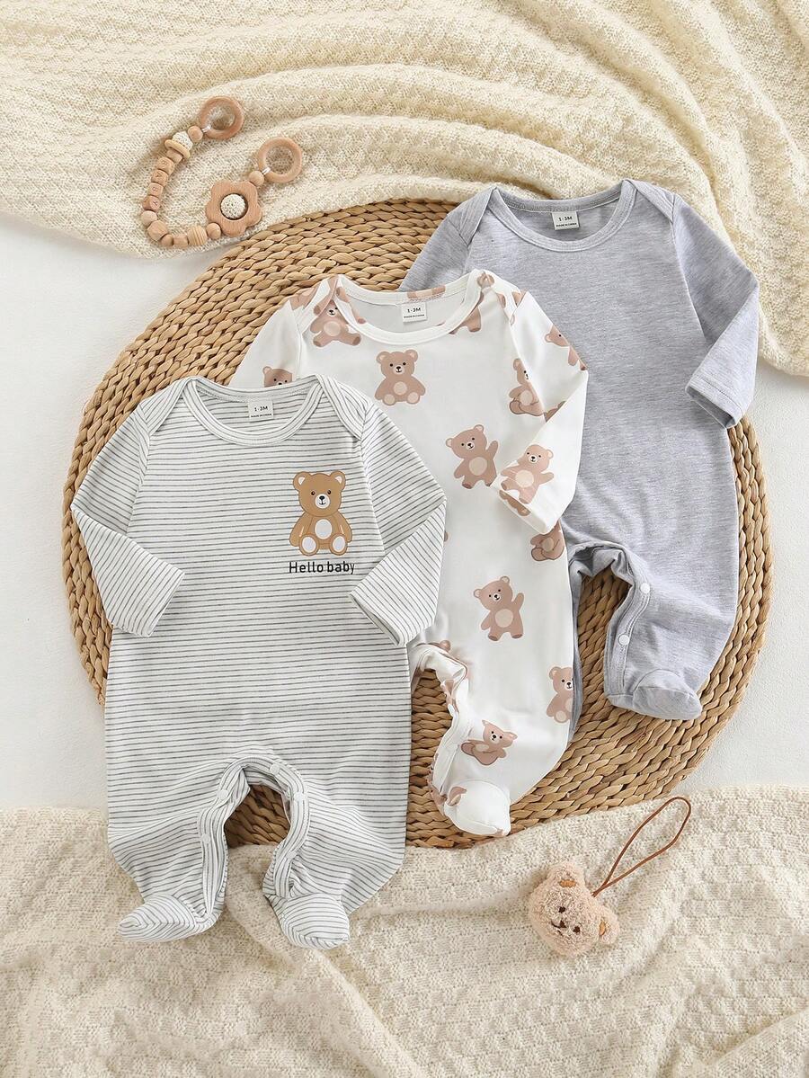 Souflis Souflis Pyjamas pour bébé nouveau-né - Combo de 3 pièces, style classique et adorable unisexe avec éléments populaires d'ours et de rayures, tons neutres gris, barboteuses à pieds pour le port quotidien toute saison. Vêtements unisexes pour nouveau-né, vêtements de bébé neutres - Multicolore - Voir 1
