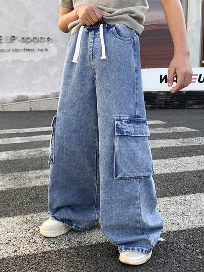 Little Byeori Tween Boy Fashion Casual Y2k Vintage Cool Street Stretch Elastic Waist Drawstring Design Blue Loose-Fit Workwear Jeans For Kids Clothes Tween Boy Dailywear And Kids Spring To Summer Rave Outfits Festival And Outfits Streetwear Clothes