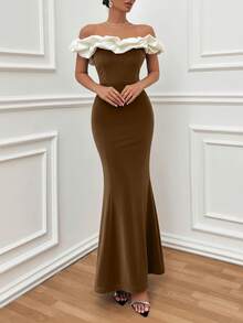 EURMUSE Vestido ajustado con hombros descubiertos y volantes en dos tonos, vestido elegante - Marrón - Ver 6