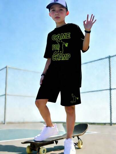 2pcs Tween Boy Casual Letter Print Short Sleeve T-Shirt And Shorts Set