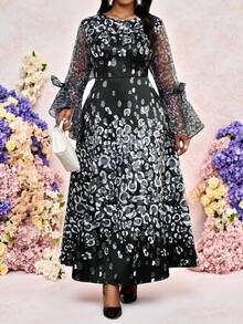 Fleurora Plus Size Elegant Black Leopard Print Round Neck A Line Dress,Flare Sleeve Waist Cinched Autumn Formal Traditional Evening Wedding Guest Midi Dress - Black and White - View 7