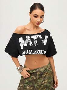 MTV | SHEIN Women's Letter Pattern Asymmetric Neckline Casual Short Sleeve Top - Black - View 5