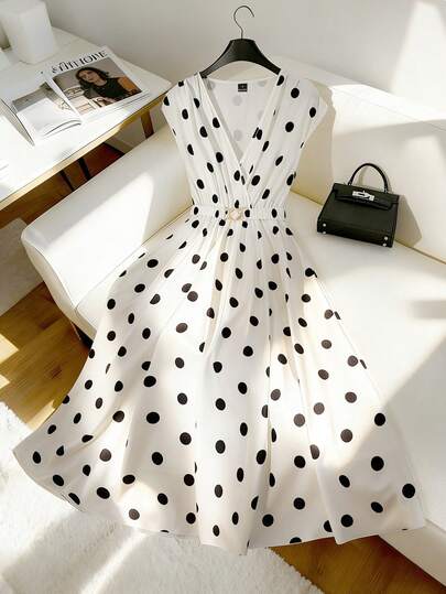 GlowEve Women's Fashionable Polka Dot Print Deep V-Neck Sleeveless Belted Romantic Elegant Casual Commute Date Party Dinner Dress, Spring/Summer