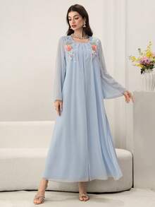 Yasmyna 3D Beaded Collar Floral 2 In 1 Blue Arabic Maxi Dress - Blue - View 6