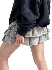 DAZY 女士纯色蛋糕裙搭配安全短裤，短款夏季，荷叶边 - 灰色 - 查看 2