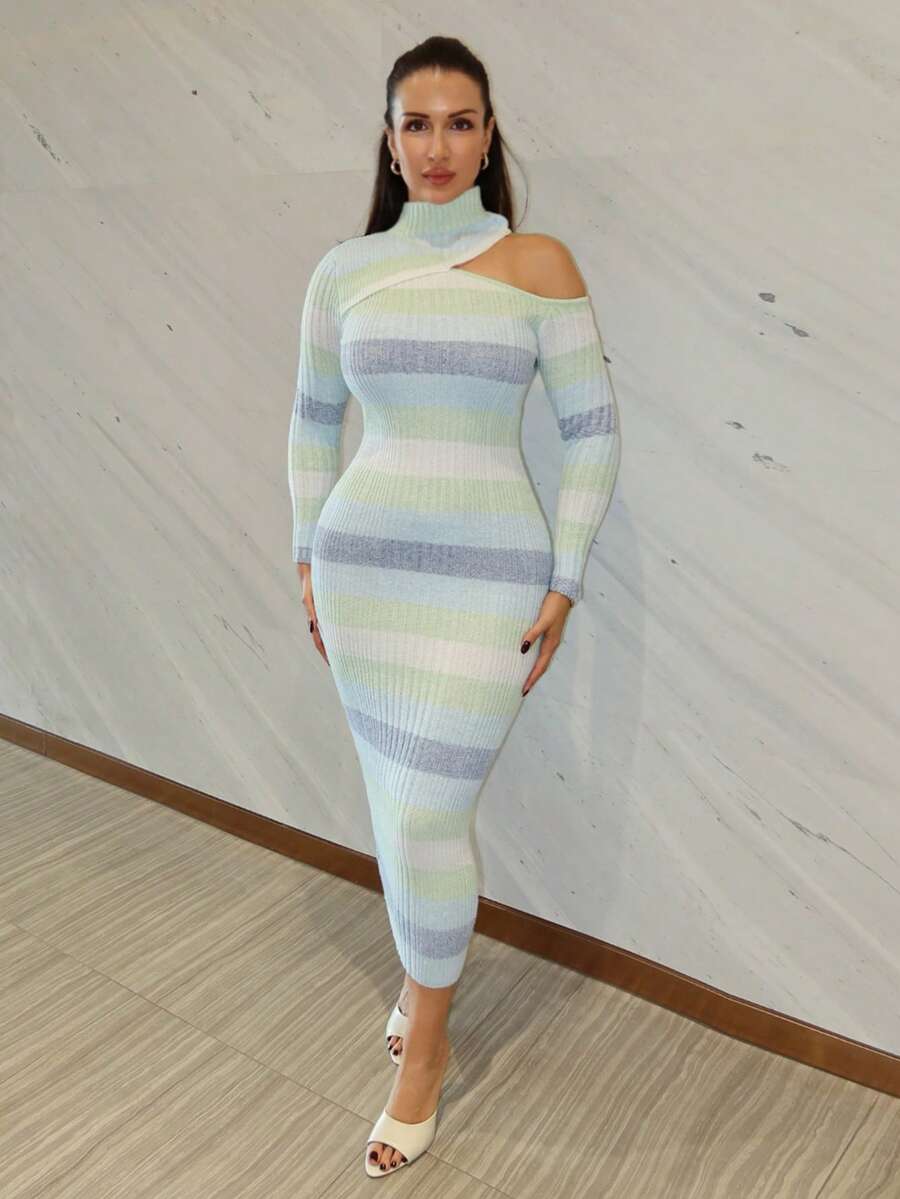 MDEdit 优雅渐变色露肩中长紧身连衣裙，秋冬 - 彩色 - 查看 1